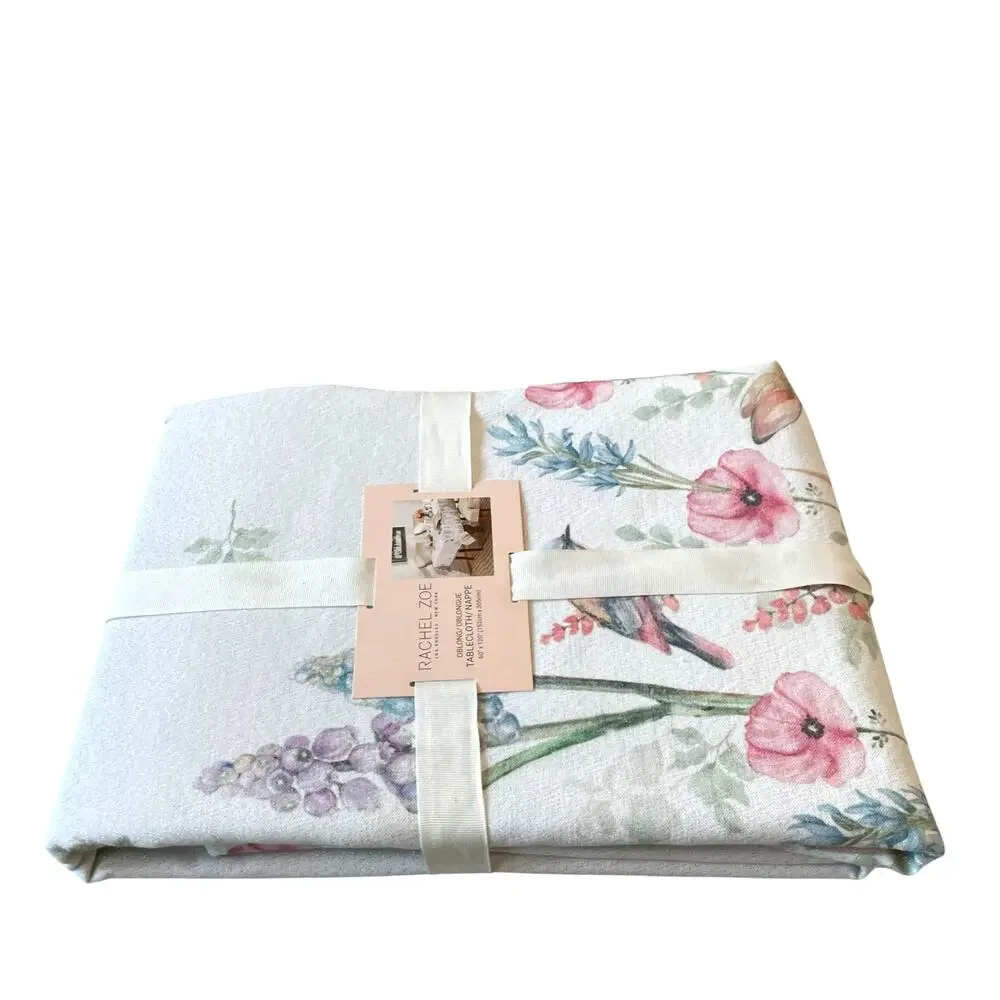RACHEL ZOE Spring Tablecloth 60x120 Floral Bunnies Silver Glitter NEW